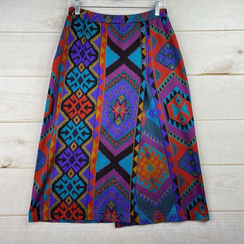 Vintage Graff Wrap Skirt Sz 14 Aztec Knit Midi Colorful Southwest Knit USA